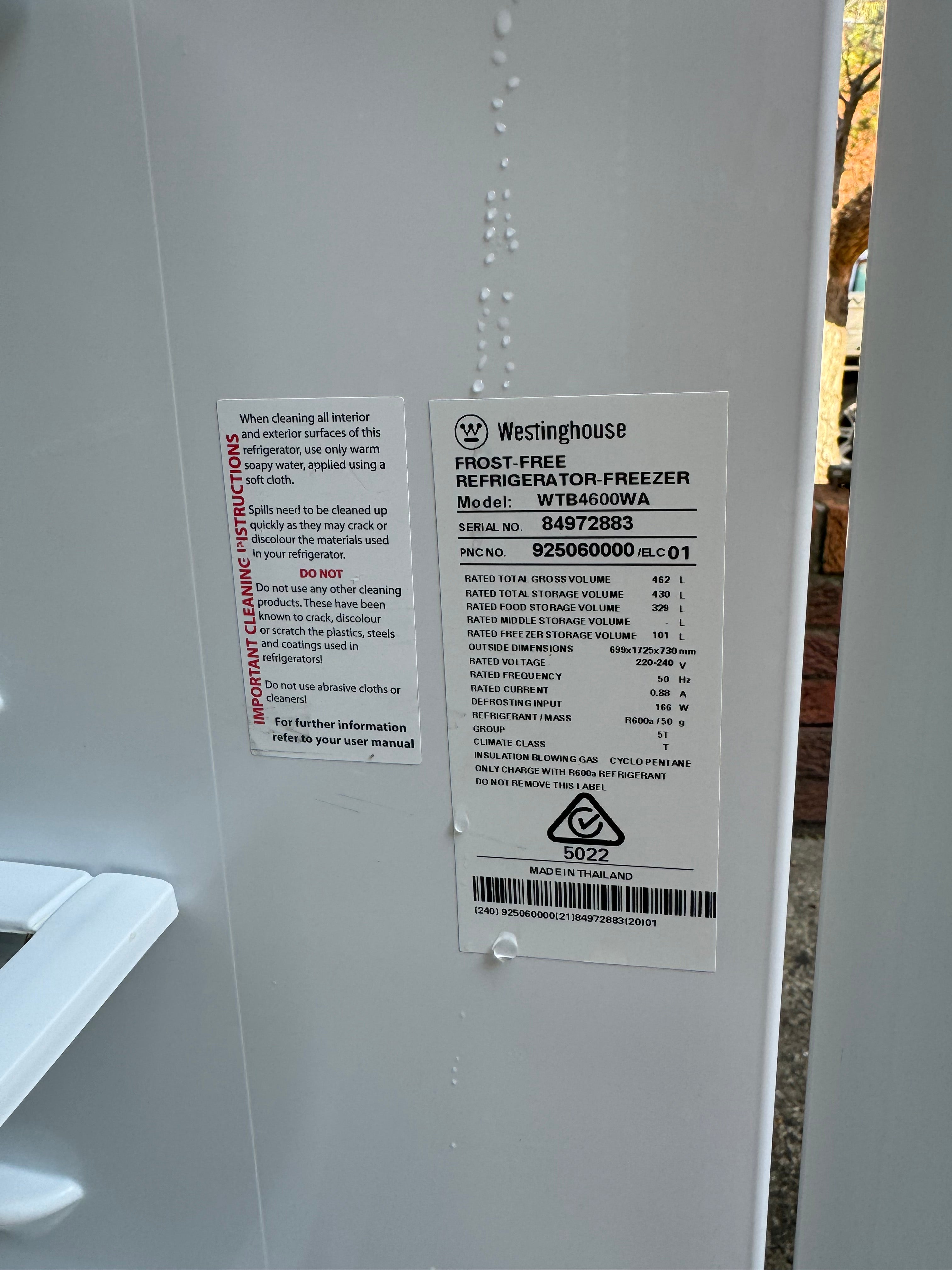 WTB4600WA Top Mount Westinghouse 460 L White Refrigerator